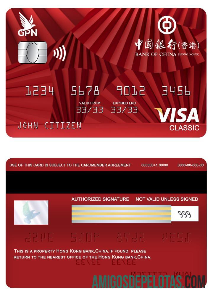 Cartão Visa Classic do Banco da China de Hong Kong exemplo real